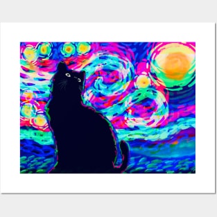 Starry night black cat Posters and Art